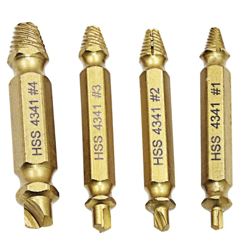4341 high-speed steel screw extractor set with five tools for removing stripped screws and nails.