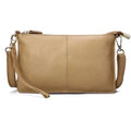 Structured cowhide leather lady slant bag showing front zipper compartment and dual strap options