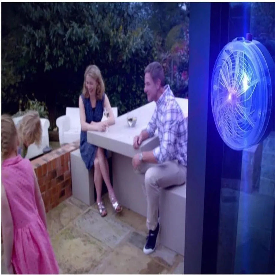 Solar powered bug zapper with blue UV light and rechargeable batteries for outdoor mosquito control