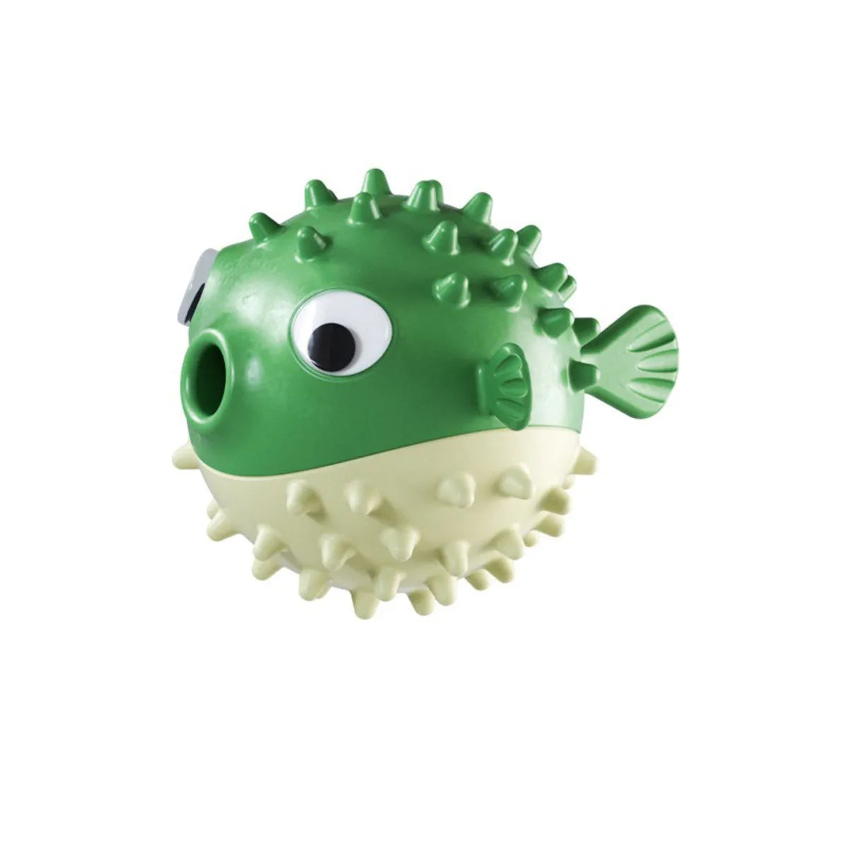 Yellow fish-shaped vinyl dog chew toy with textured surface and squeaker for aggressive chewers