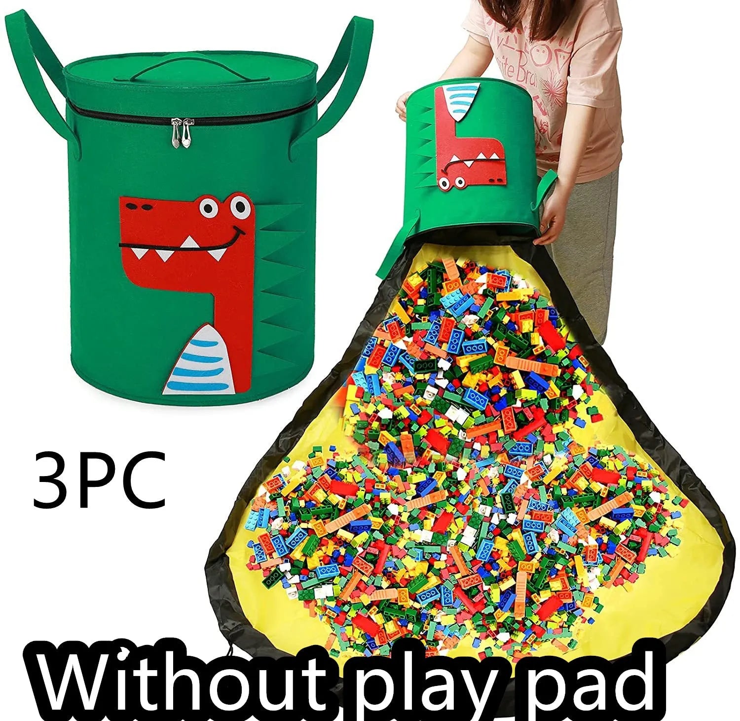 Green cube-shaped felt storage bag with pull rope lying flat as a play mat.