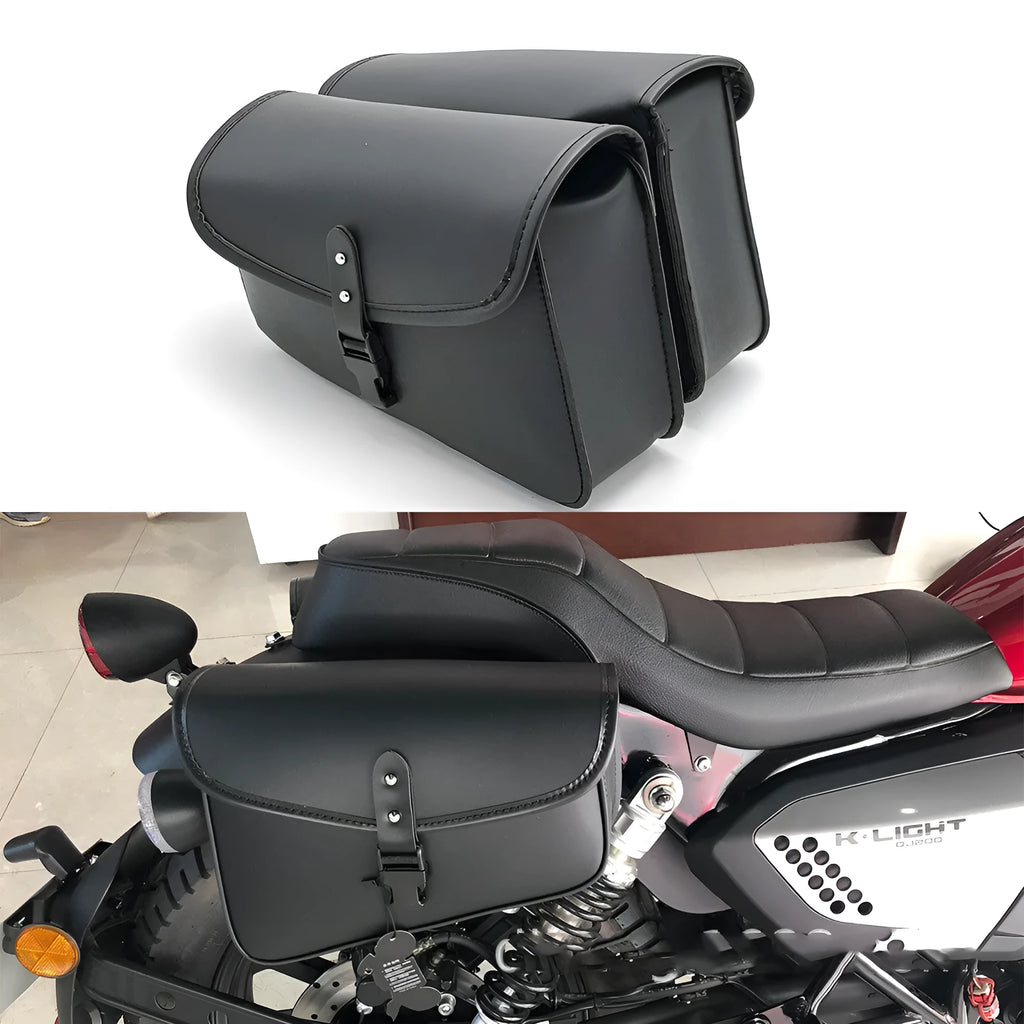 Black PU leather motorcycle swingarm bag for Harley Davidson Sportster showing left and right mounting options