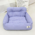 Car-mounted cloth pet travel basket in blue plaid or grey, small and large size options for dogs