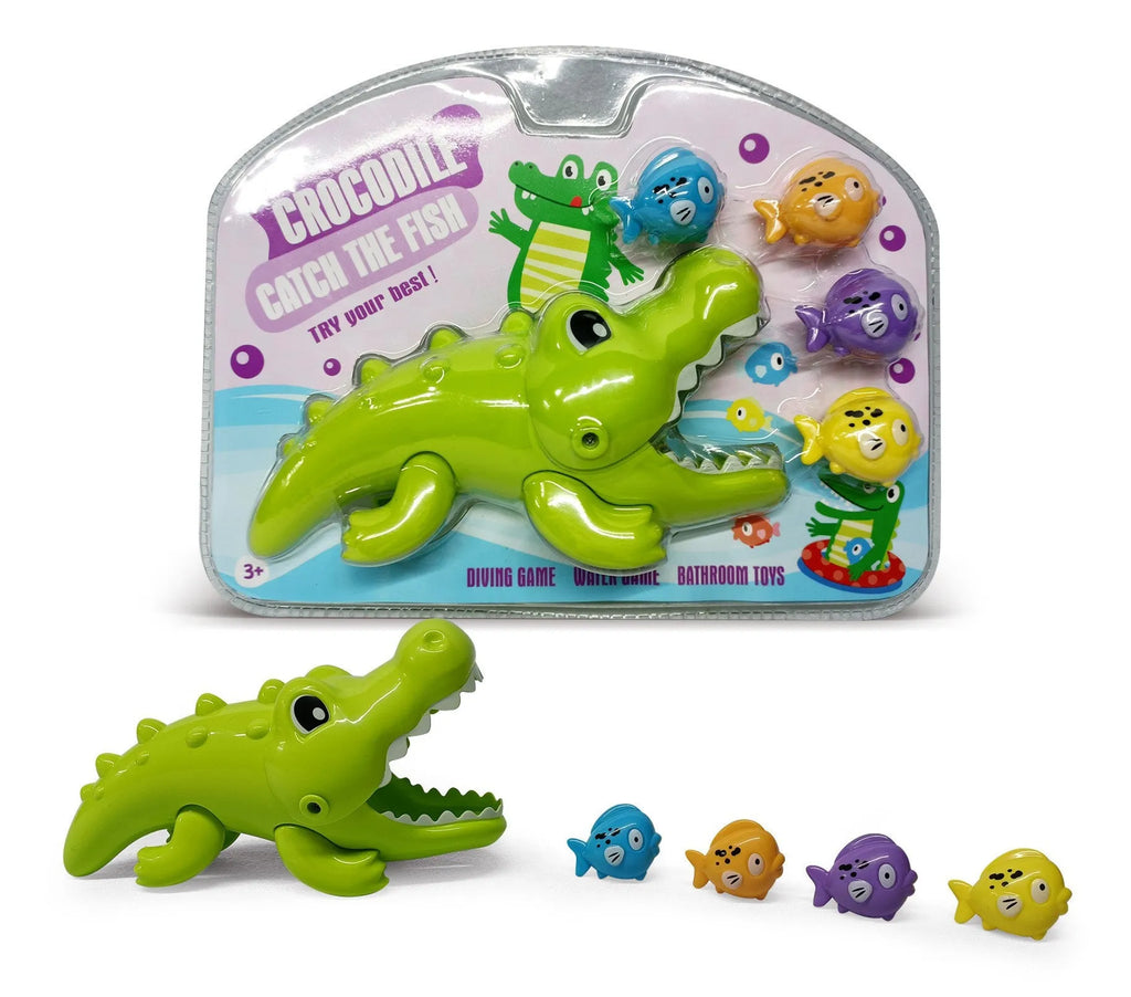 Green ABS plastic crocodile eating small fish bath toy set with four small fish