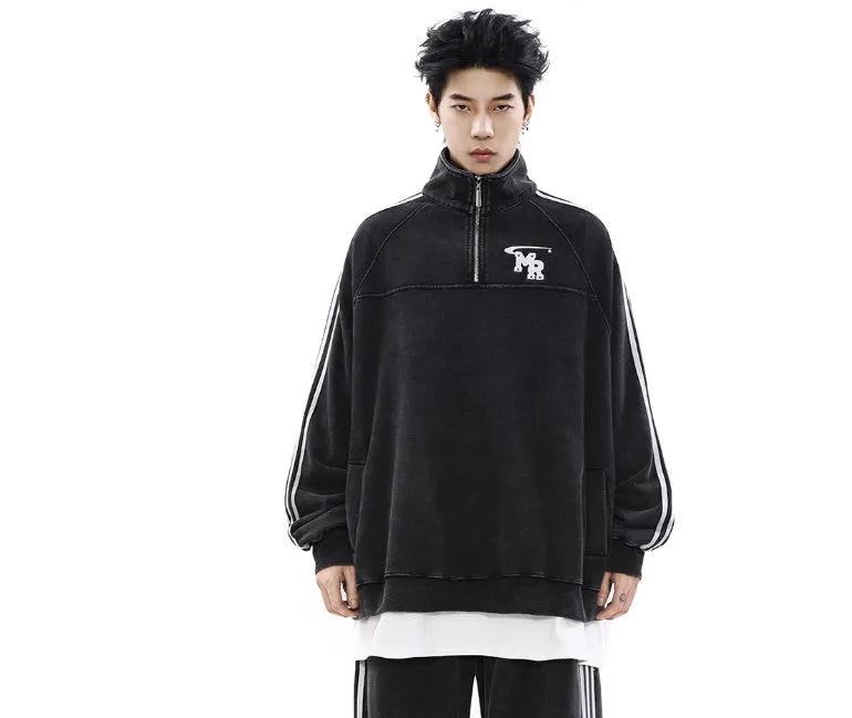 Black retro-style stand collar hoodie for couples on a mannequin, showing long sleeves and coat-style cut.
