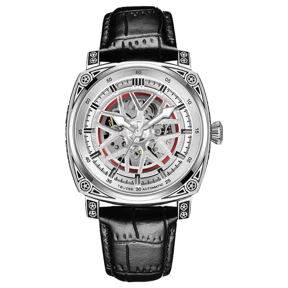 Stainless steel automatic mechanical men's watch with leather strap in blue, black, rose white, or white with black belt options