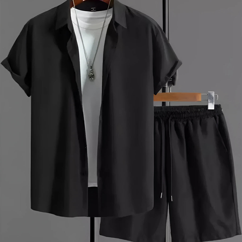 Men's short sleeve suit jacket and matching shorts in chemical fibre blend fabric