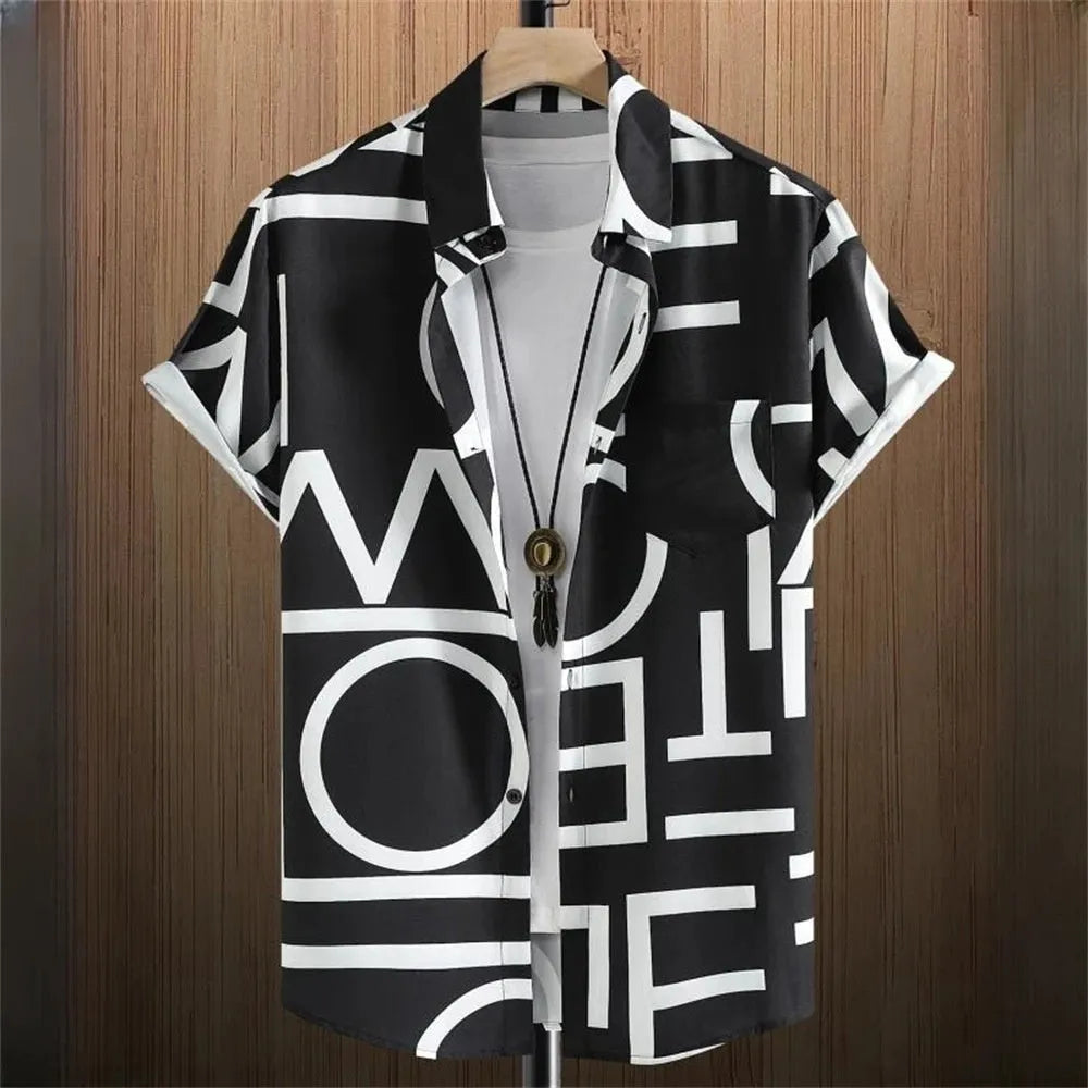 Men's grey camouflage print loose fit short sleeve casual shirt on a hanger.