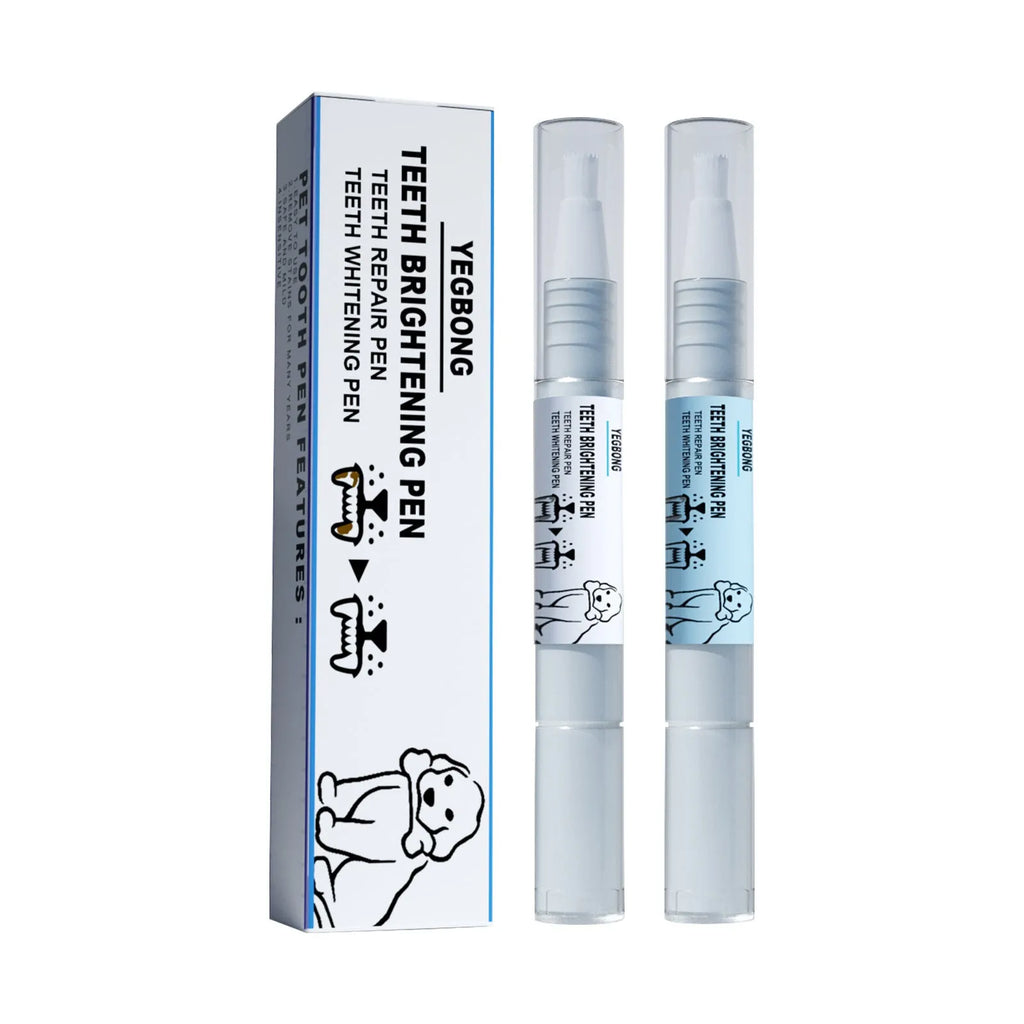 Two white pet tooth whitening pens with brush applicators for dog and cat dental care.