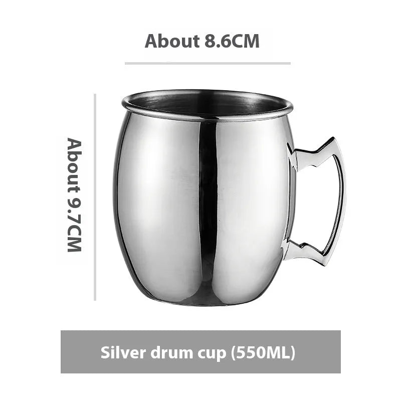Copper plated stainless steel Moscow Mule mug in hammered and smooth styles, shown in silver, gold, rose gold, and black.