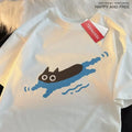 Women's plus size black cotton short sleeve t-shirt with a diving cat print, shown in a straight regular fit.