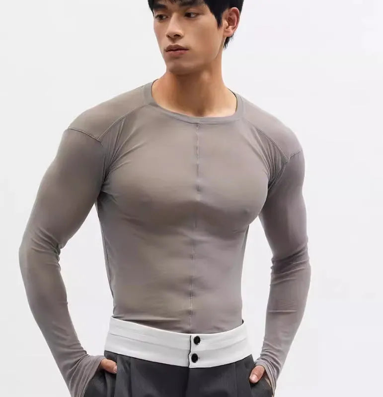 Black mesh texture slim-fit pullover top with long sleeves and round collar