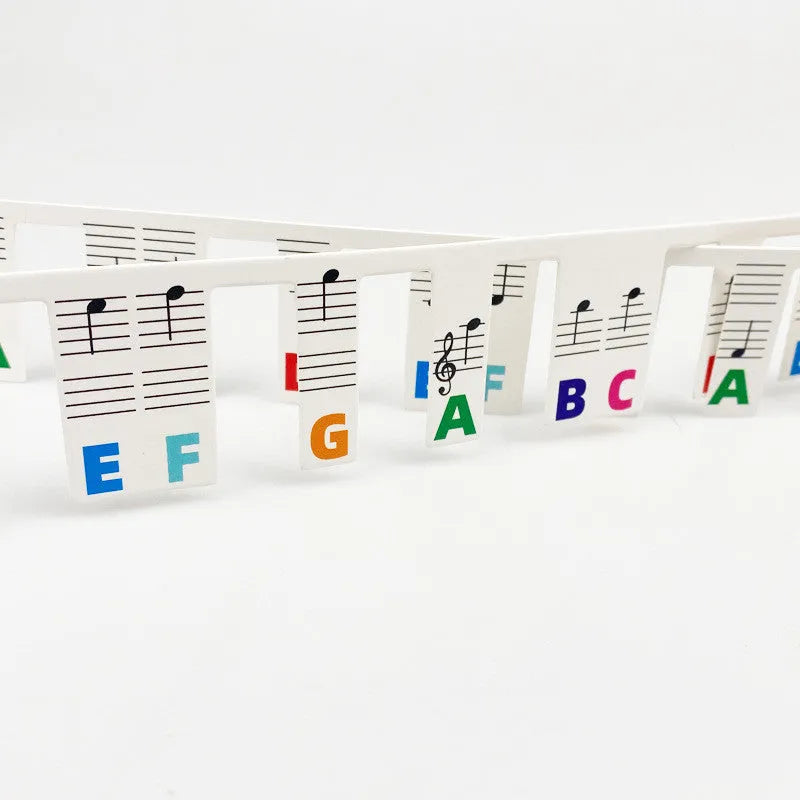 White cardboard piano keyboard stickers for 88 keys showing colour note bars and black notes