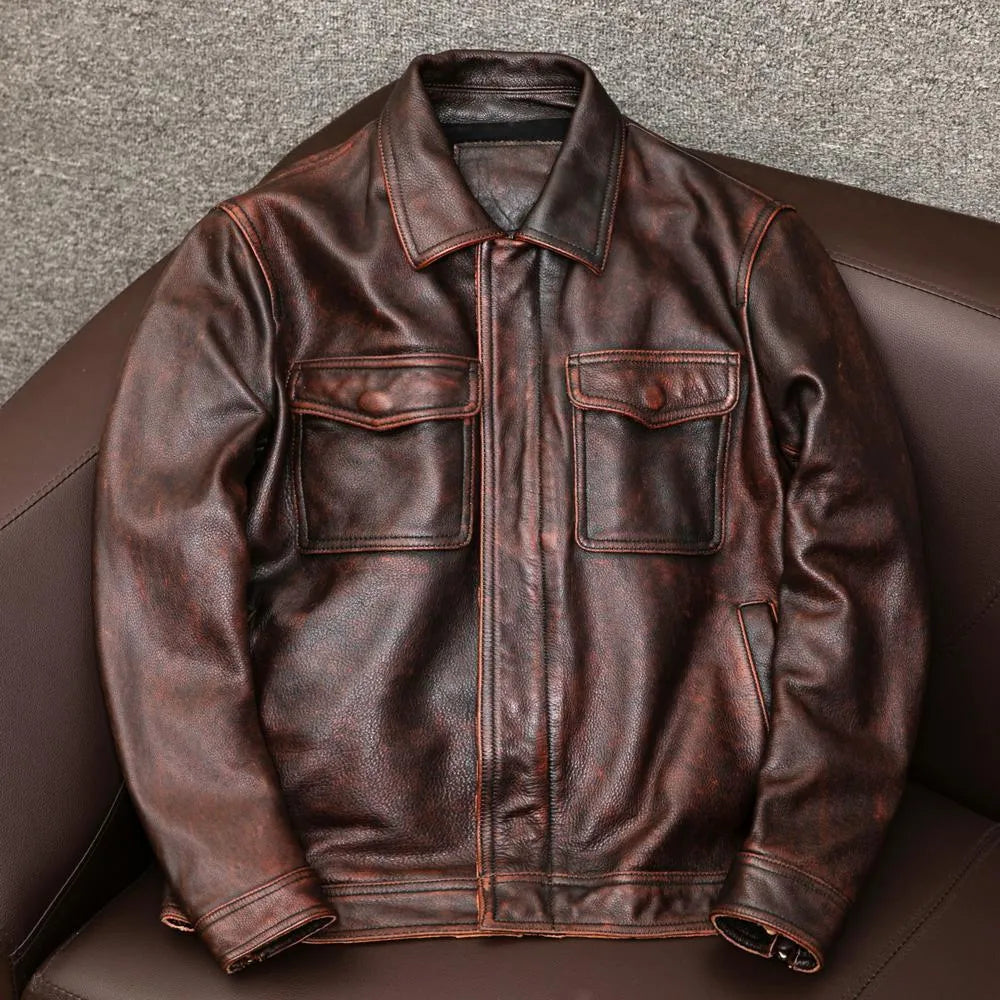 Men's plus size black lapel leather jacket with side pockets, shown on a hanger.