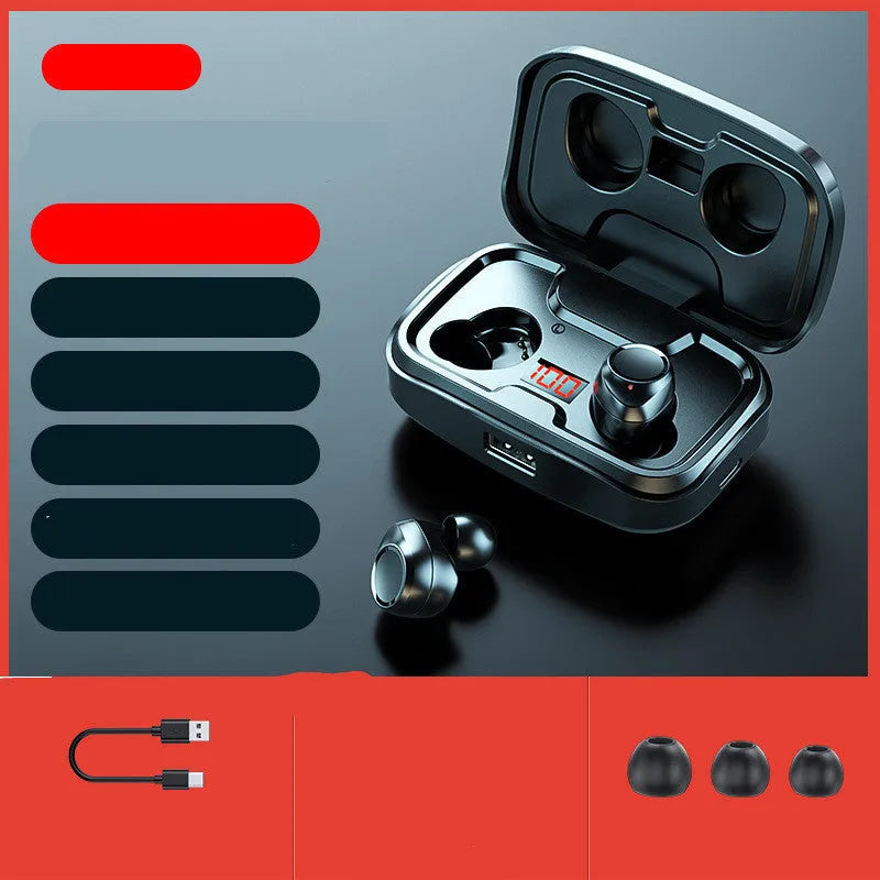 Wireless Bluetooth 5.0 in-ear earphones in black, blue, or red colours showing earplug design