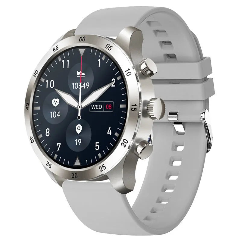 Apple iOS smart watch with Bluetooth calling on wrist, showing bamboo steel strap option.
