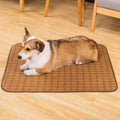 Brown woven rattan fibre cooling mat for dogs on a wooden floor