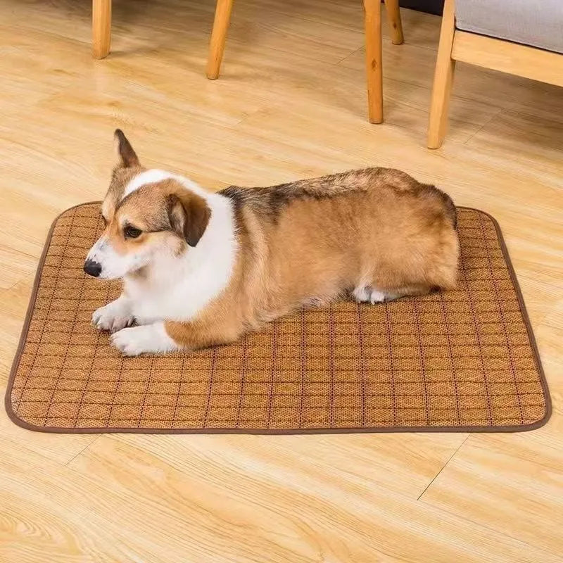 Brown woven rattan fibre cooling mat for dogs on a wooden floor