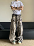 Men's yellow digital camouflage printed denim trousers straight leg casual cotton