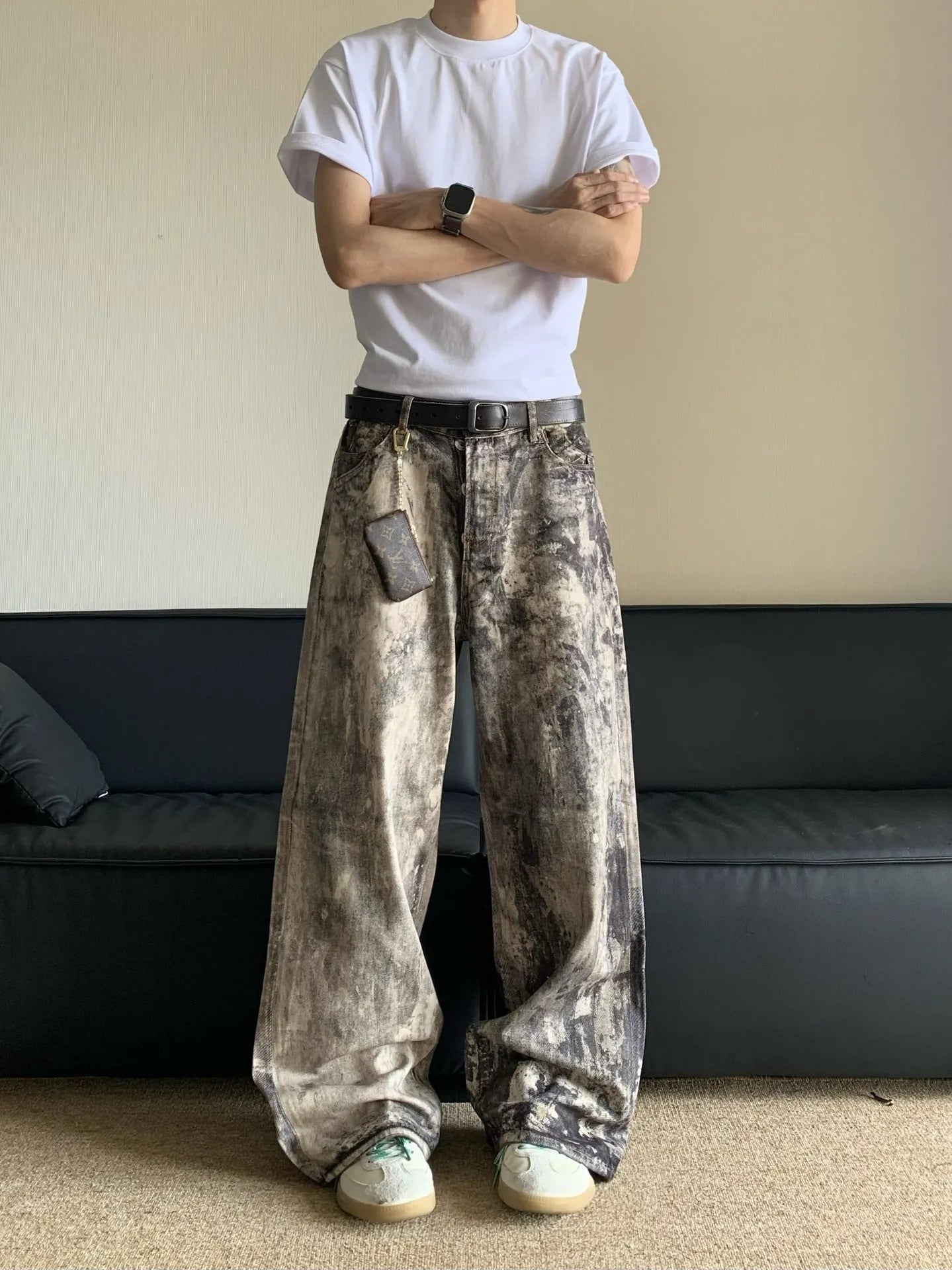 Men's yellow digital camouflage printed denim trousers straight leg casual cotton