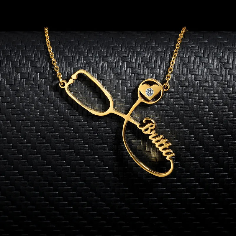 Customised titanium steel stethoscope name necklace for women in gold finish with blade chain