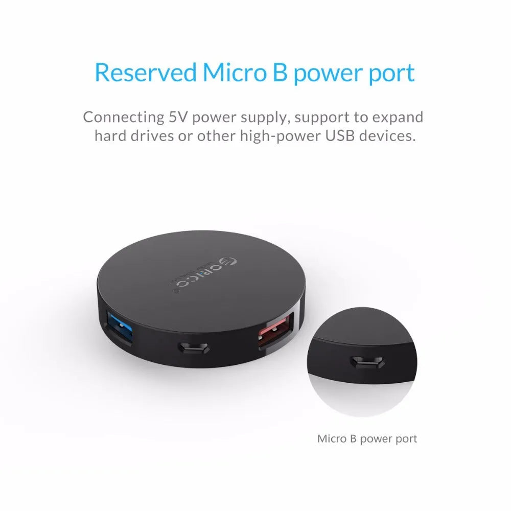 ORICO HA4U-U3 USB 3.0 hub with four ports, compact black plastic casing, 60x60x12mm