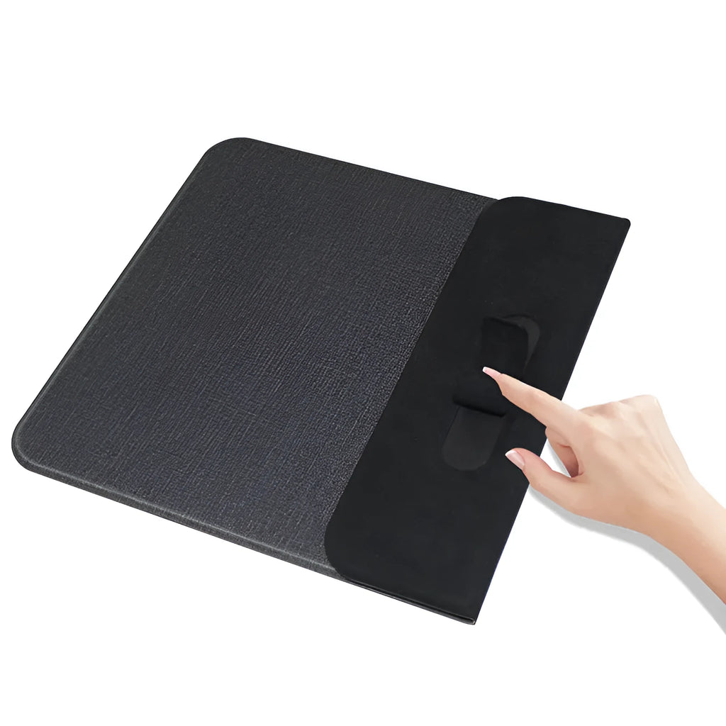 Foldable fabric phone holder with integrated 10W wireless charging pad shown open and closed.