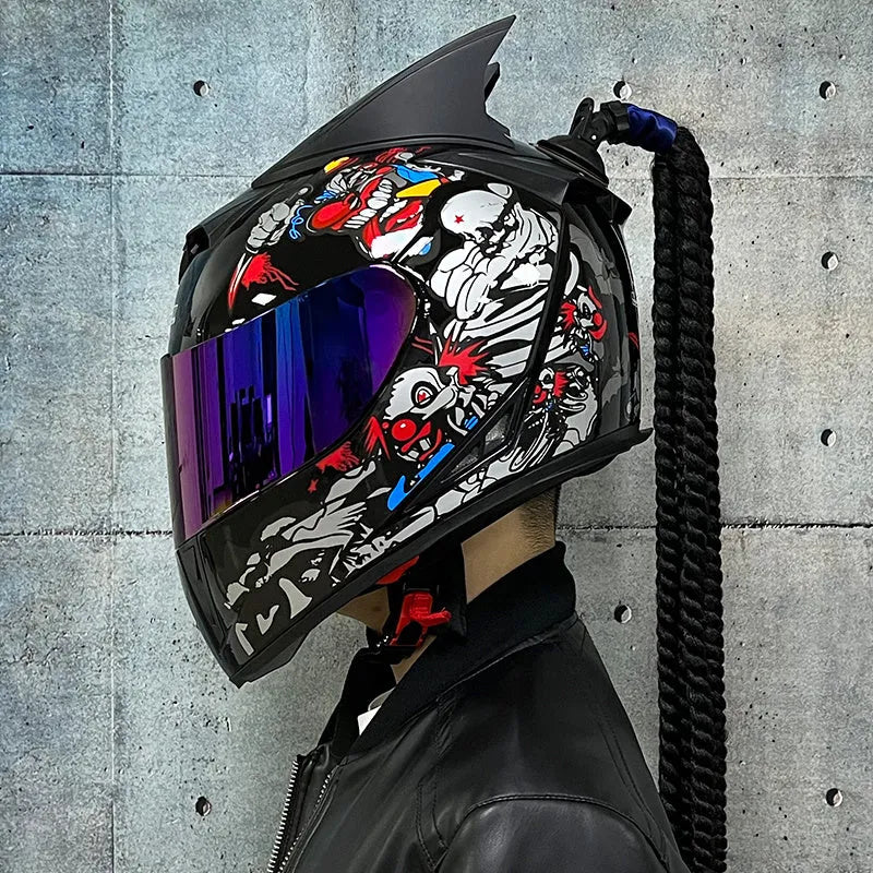 Dirty Braids graphic design full face motorcycle helmet on a white background.