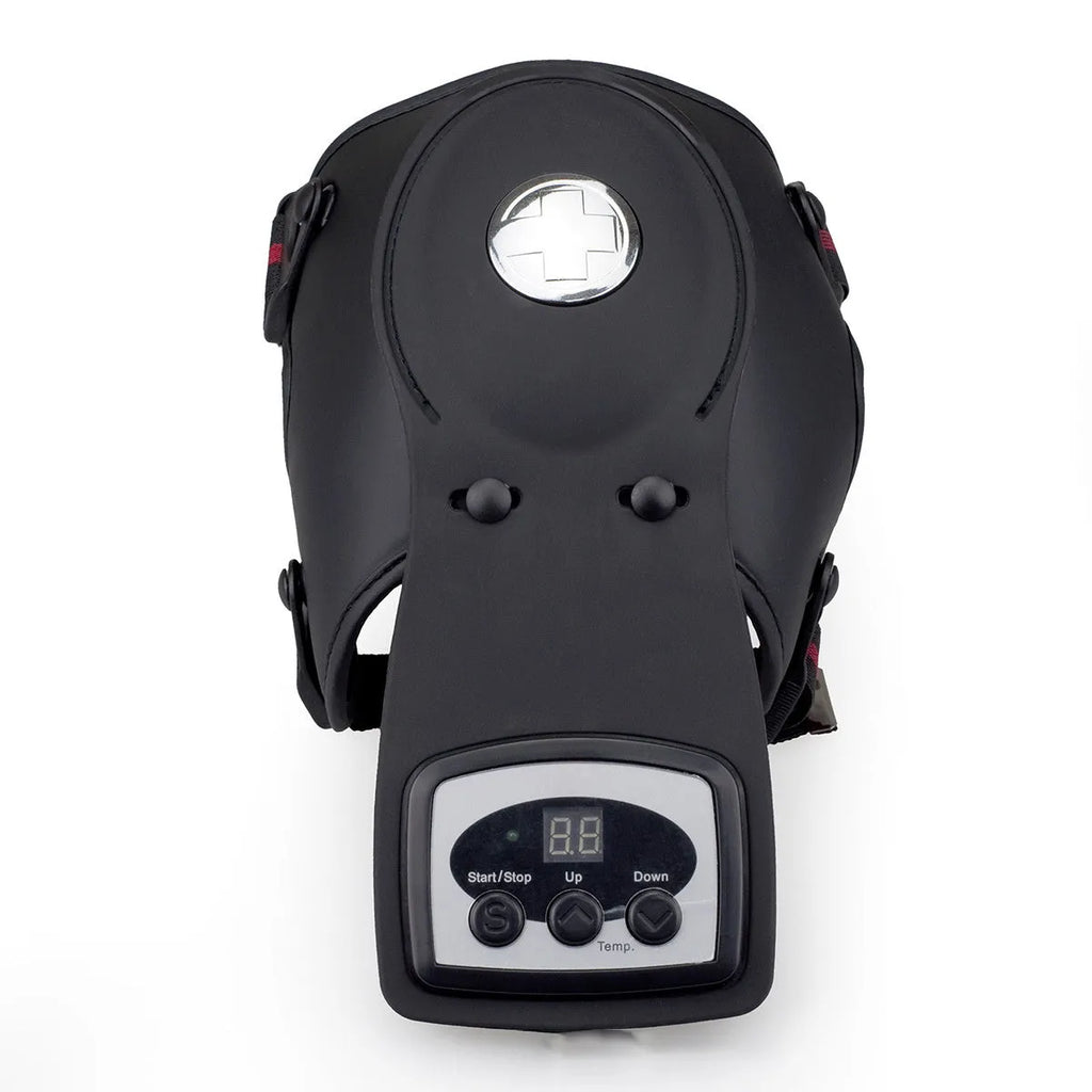Knee massager with infrared heat, knee pad, shoulder pad, and 12V power adapter.