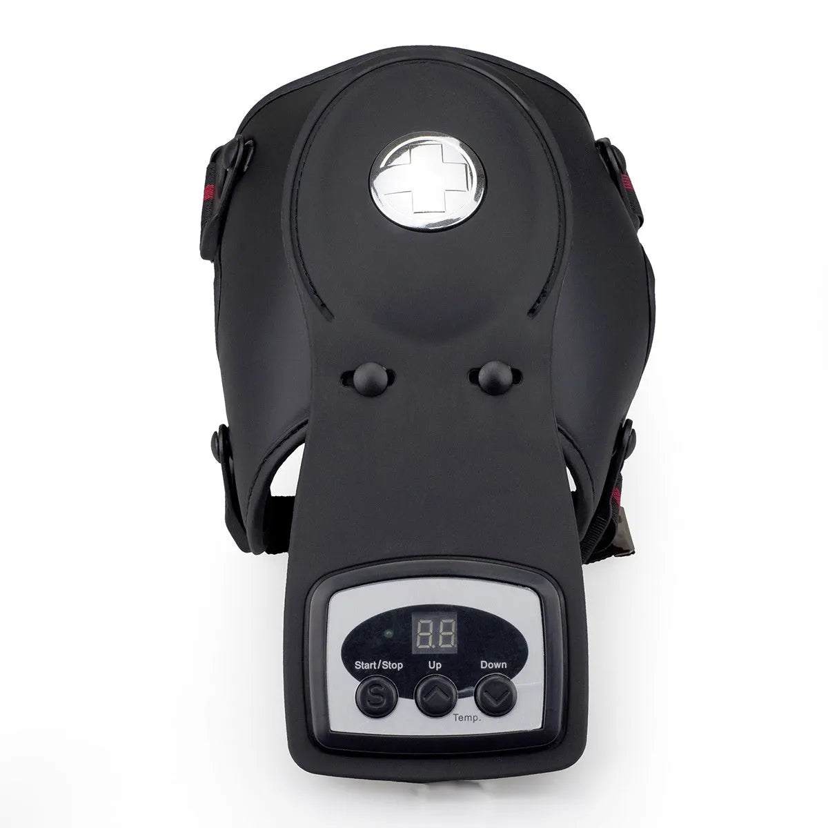 Knee massager with infrared heat, knee pad, shoulder pad, and 12V power adapter.