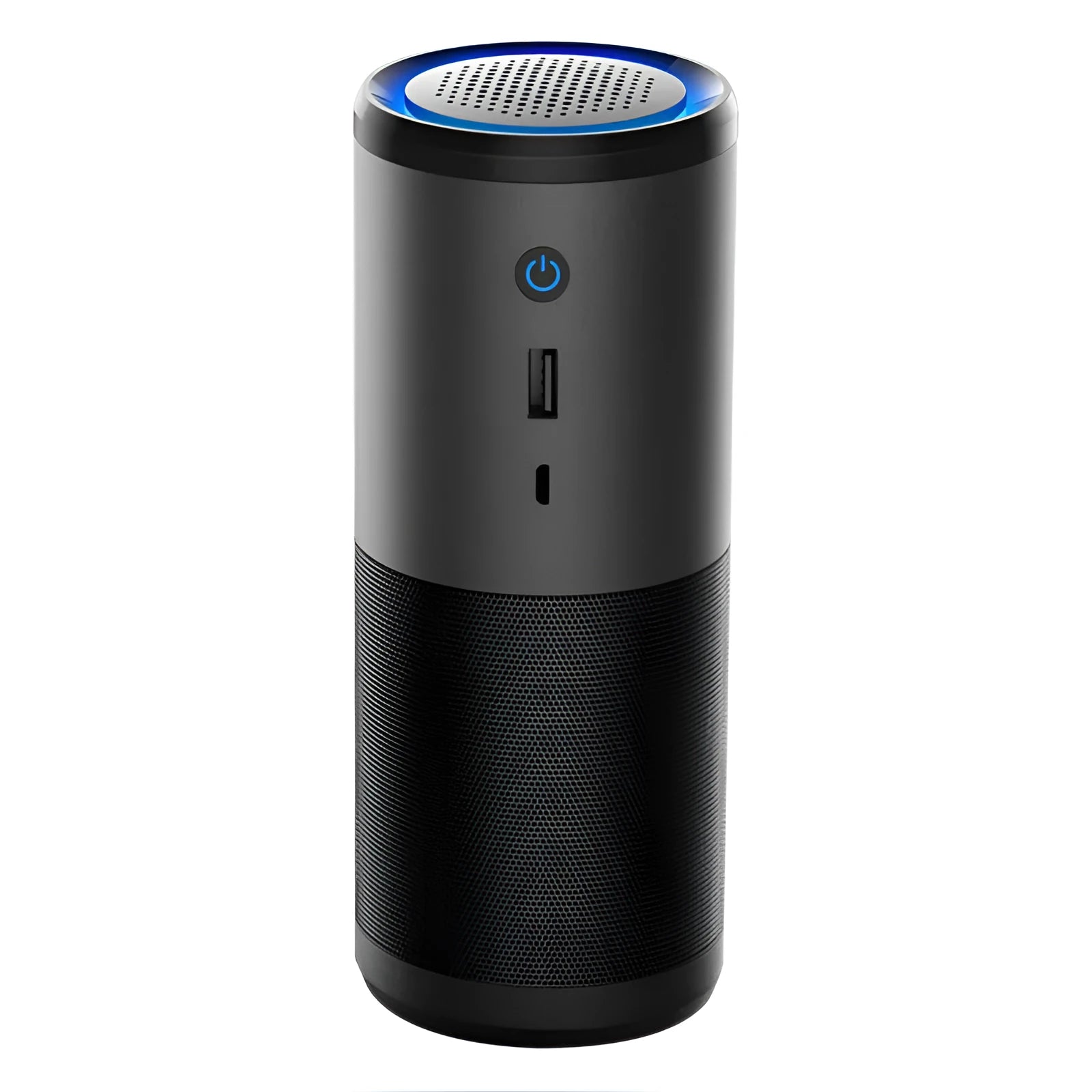 Black portable mini car air purifier with USB cable showing compact 6.2cm diameter design