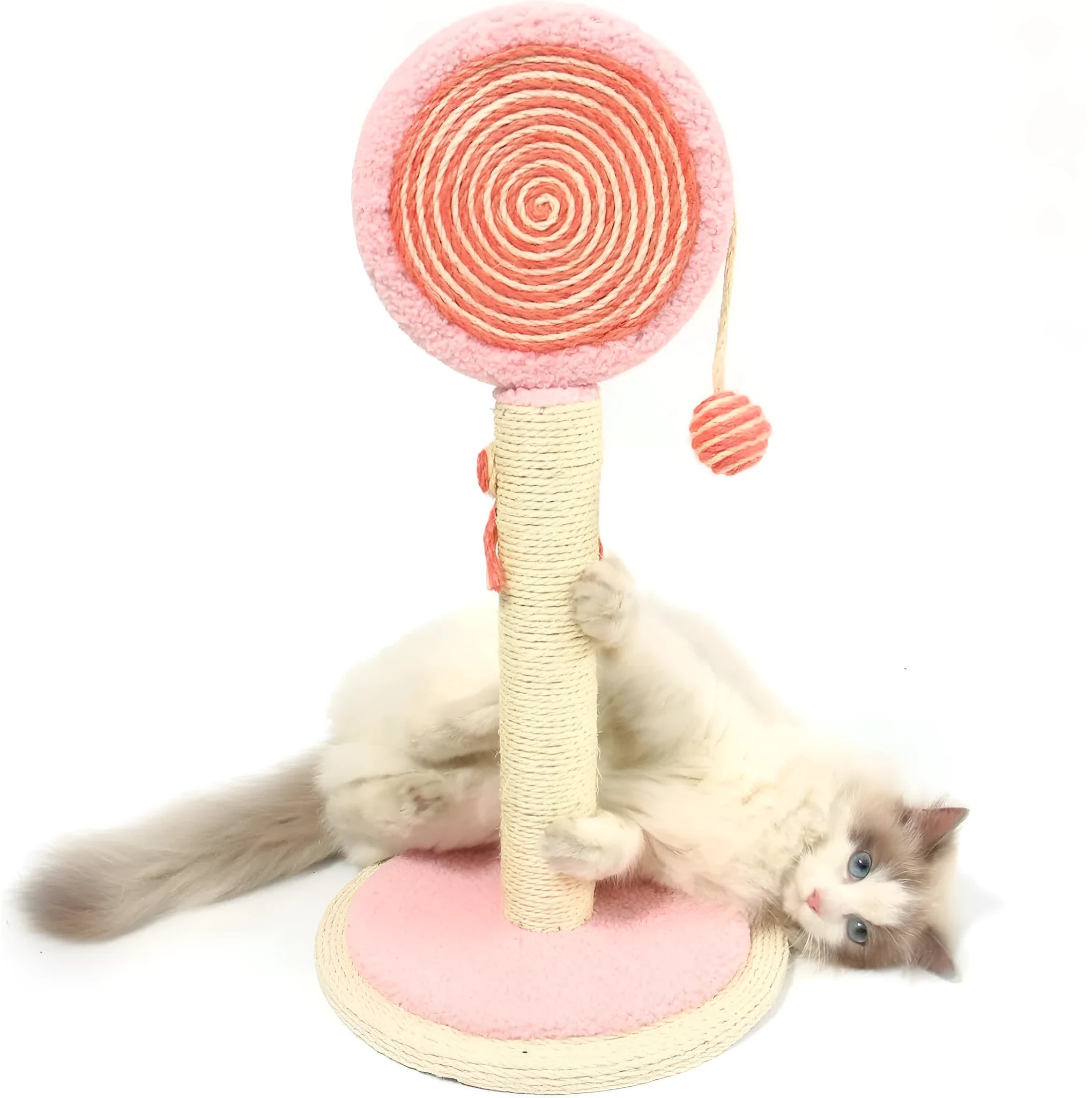 Cat scratching post with sisal rope surface and hanging ball toy on sturdy wood base
