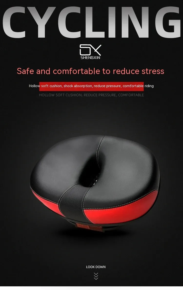 Thickened plus size bicycle saddle with PU pattern in red, grey, or light brown colours