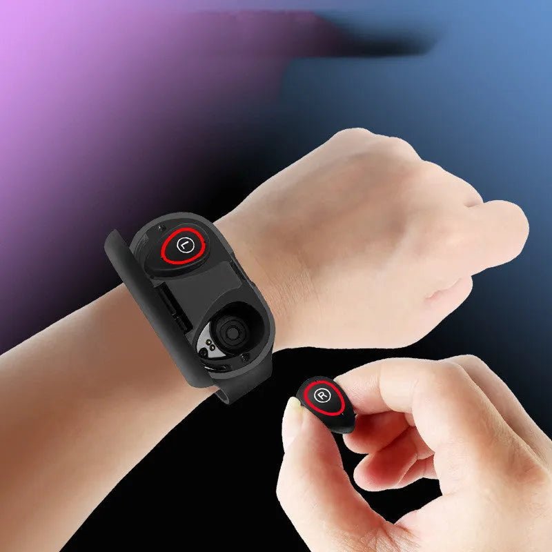 Smart bracelet with integrated earphones on silicone wristband showing 1-inch screen, in black colour
