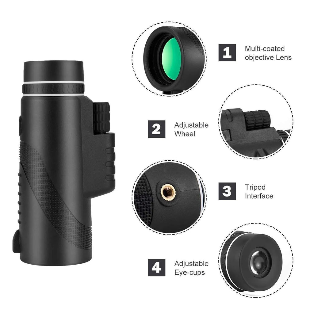 Black HD 40x60 smartphone monocular telescope with waterproof construction and FMC coated lenses