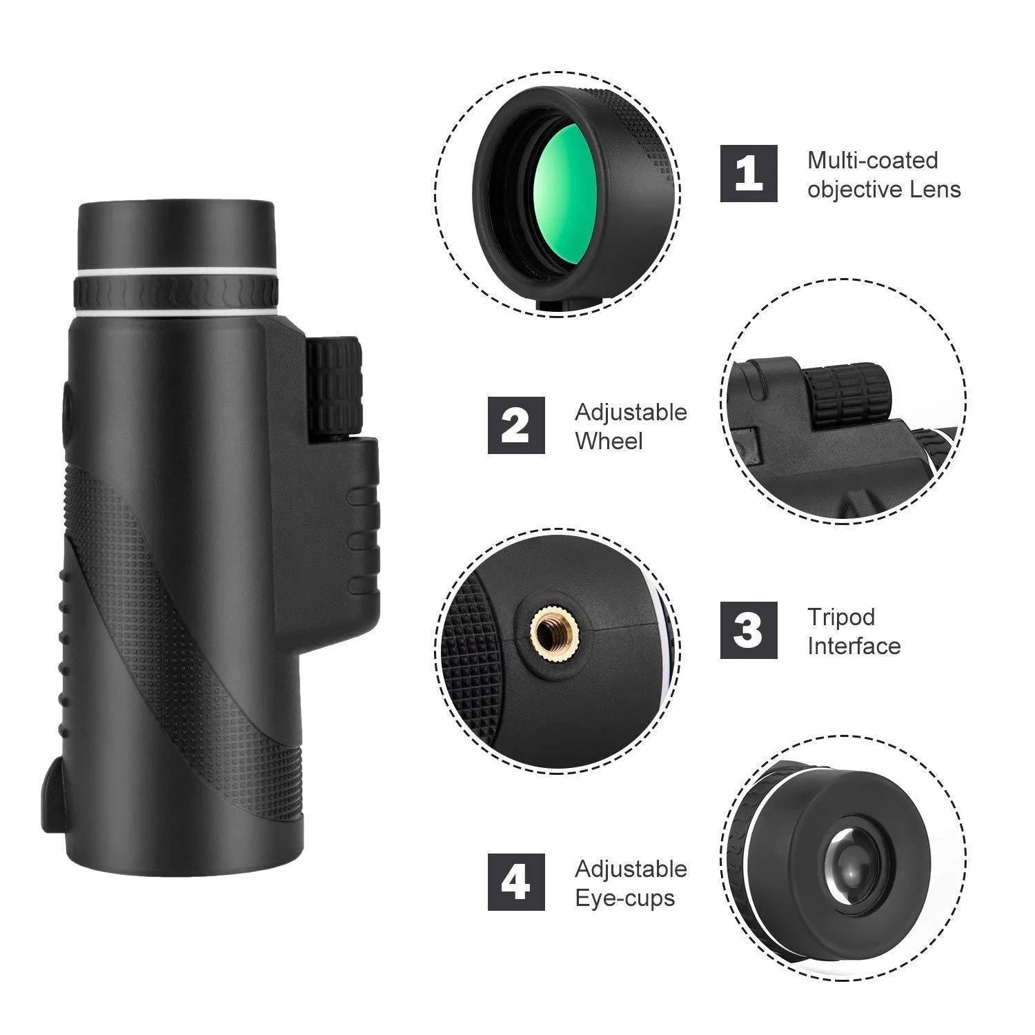 Black HD 40x60 smartphone monocular telescope with waterproof construction and FMC coated lenses