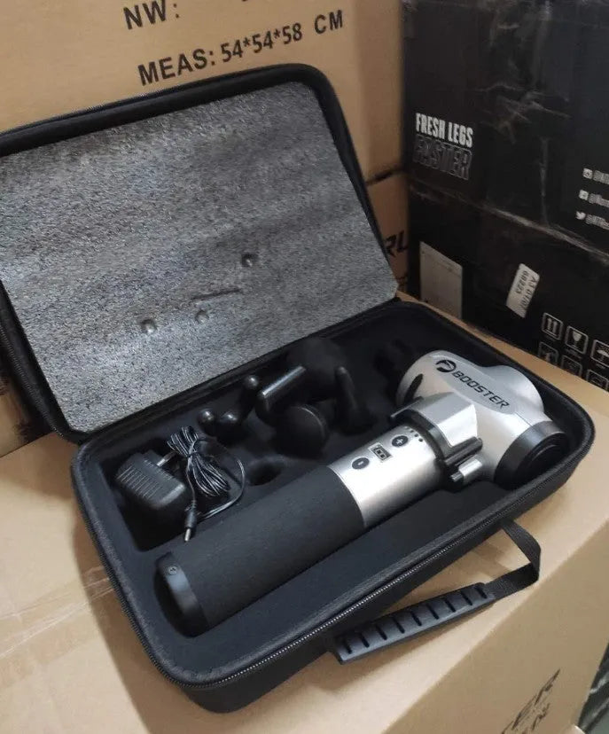Black and white handheld percussion massage gun with 12mm stroke depth.