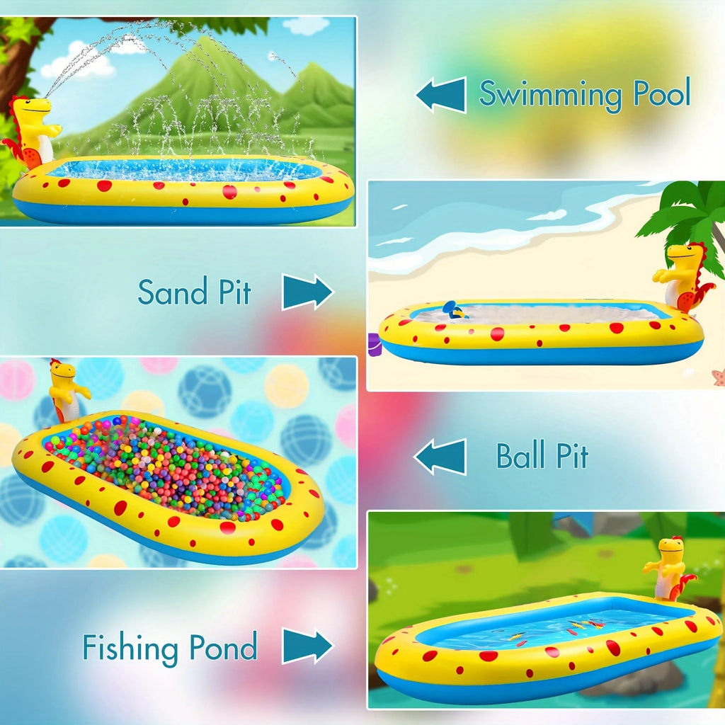 Blue dinosaur-shaped inflatable water pool with multiple sprayers for children's outdoor play