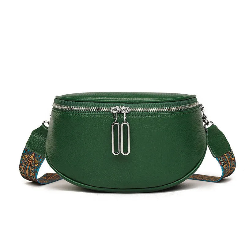 Women's soft PU leather messenger bag with saddle shape and crossbody strap in black, white or green colour options