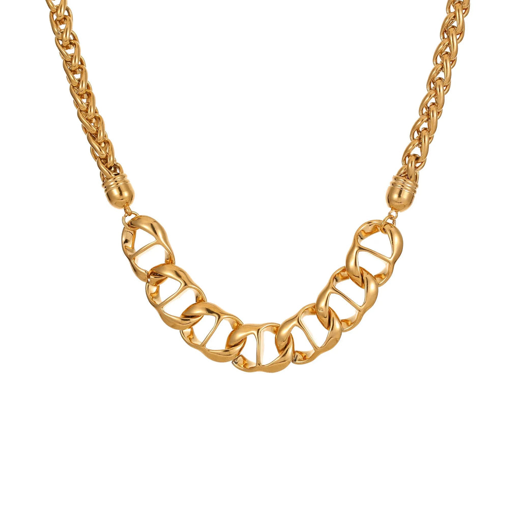 Gold plated stainless steel geometric chain necklace for women on a white background.