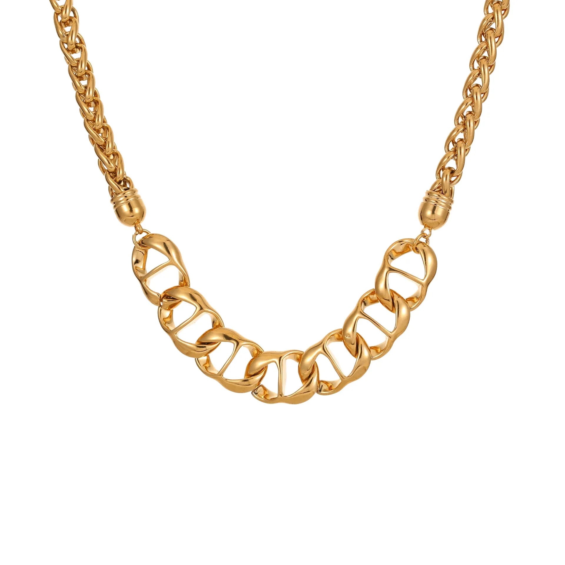 Gold plated stainless steel geometric chain necklace for women on a white background.