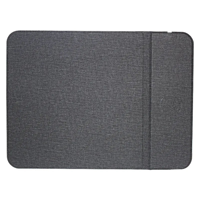 Foldable fabric phone holder with integrated 10W wireless charging pad shown open and closed.
