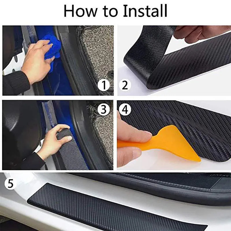 Matte black 3D carbon fibre adhesive protection roll for car door sills in various widths.