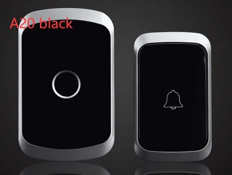 Wireless doorbell kit showing plug-in receiver and battery-powered transmitter unit in black finish