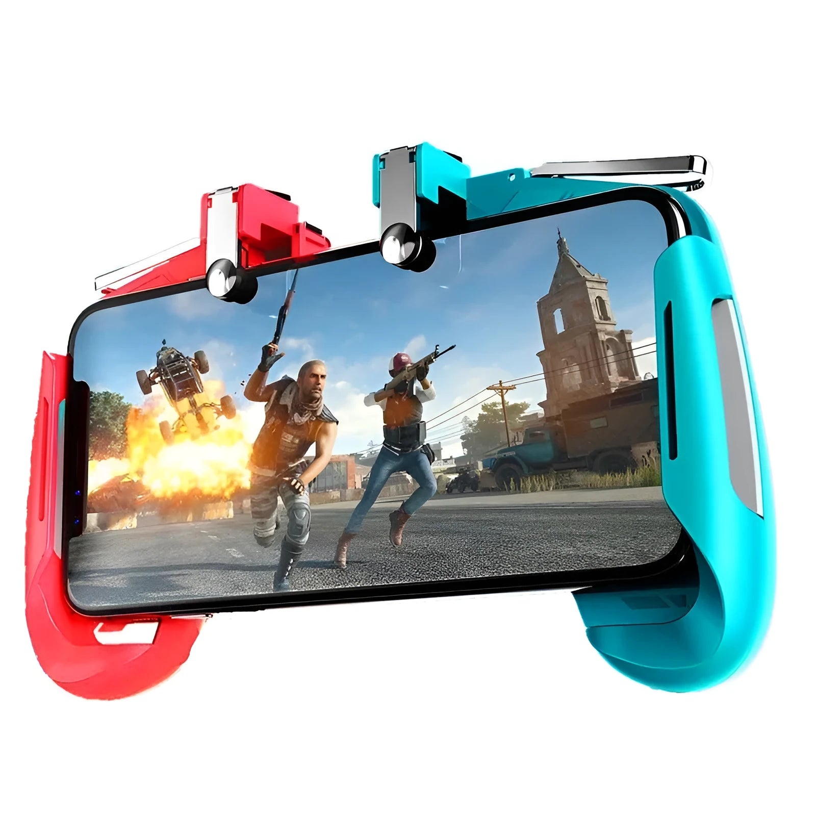 Multifunctional mobile game handle with extended grip holding smartphone, showing physical buttons and universal clip