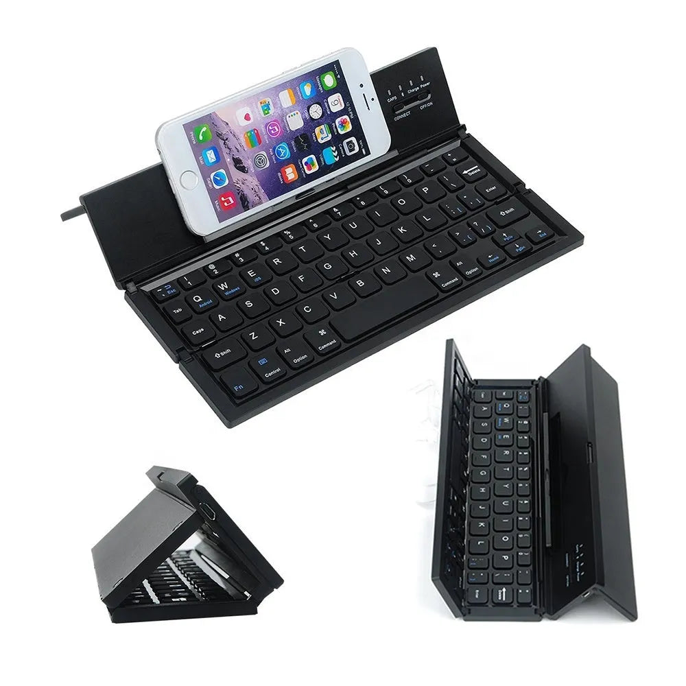 Black foldable Bluetooth keyboard shown alongside tablet demonstrating portable design