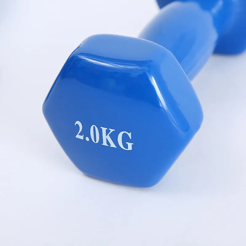 Colourful plastic fitness dumbbells in bright colours with glossy surface for home exercise