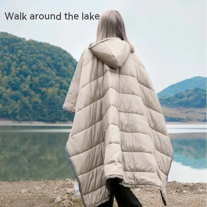 Army green outdoor cloak sleeping bag worn as a cape with 200x140cm dimensions