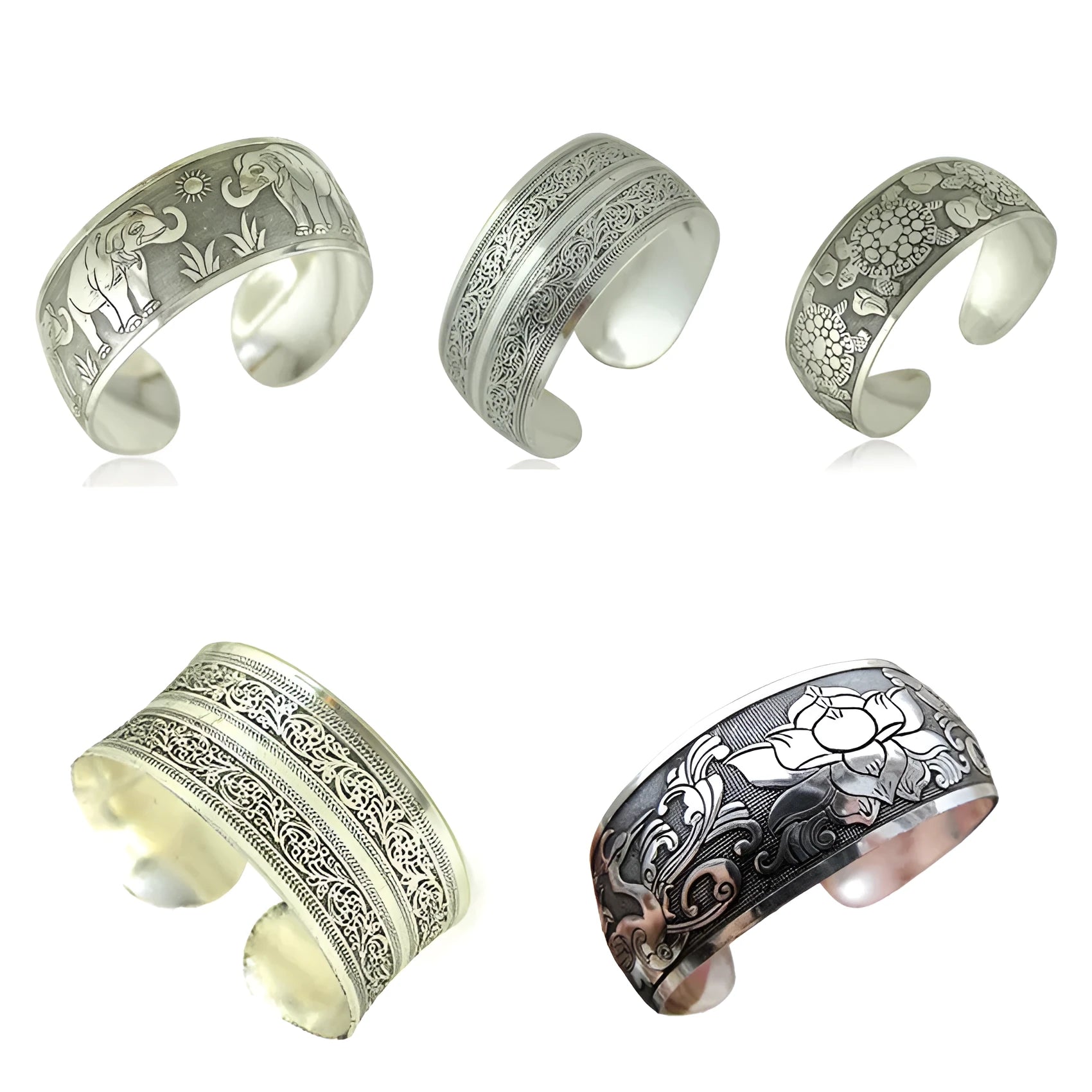 Ethnic carved open Miao silver bracelet in alloy with elephant or turtle colour finish