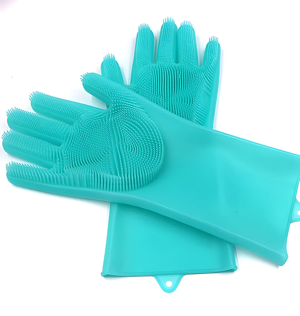 Silicone cleaning gloves with textured scrubbing surface in assorted colours